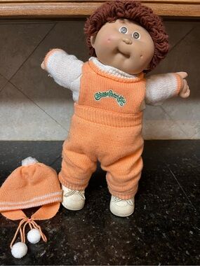 Cabbage Patch Kids Orange Knit Overalls Doll with Matching Hat